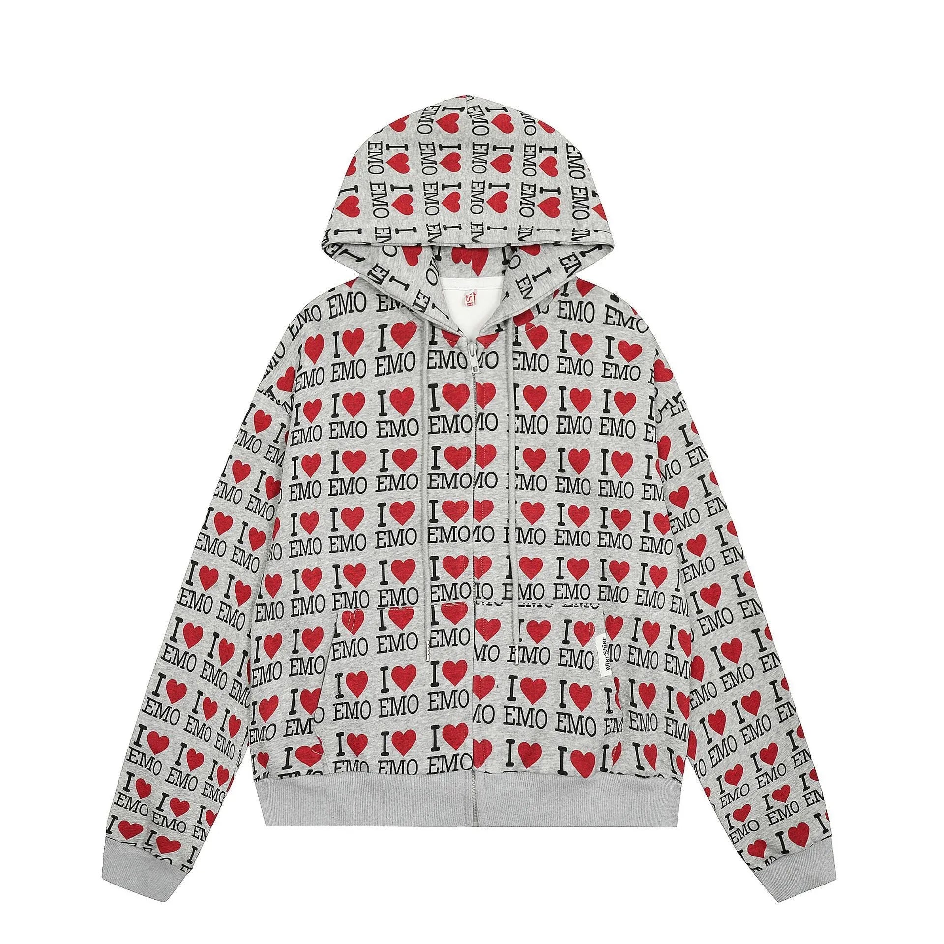 Women's melange grey cotton cardigan with a retro pattern and hood on a hanger.