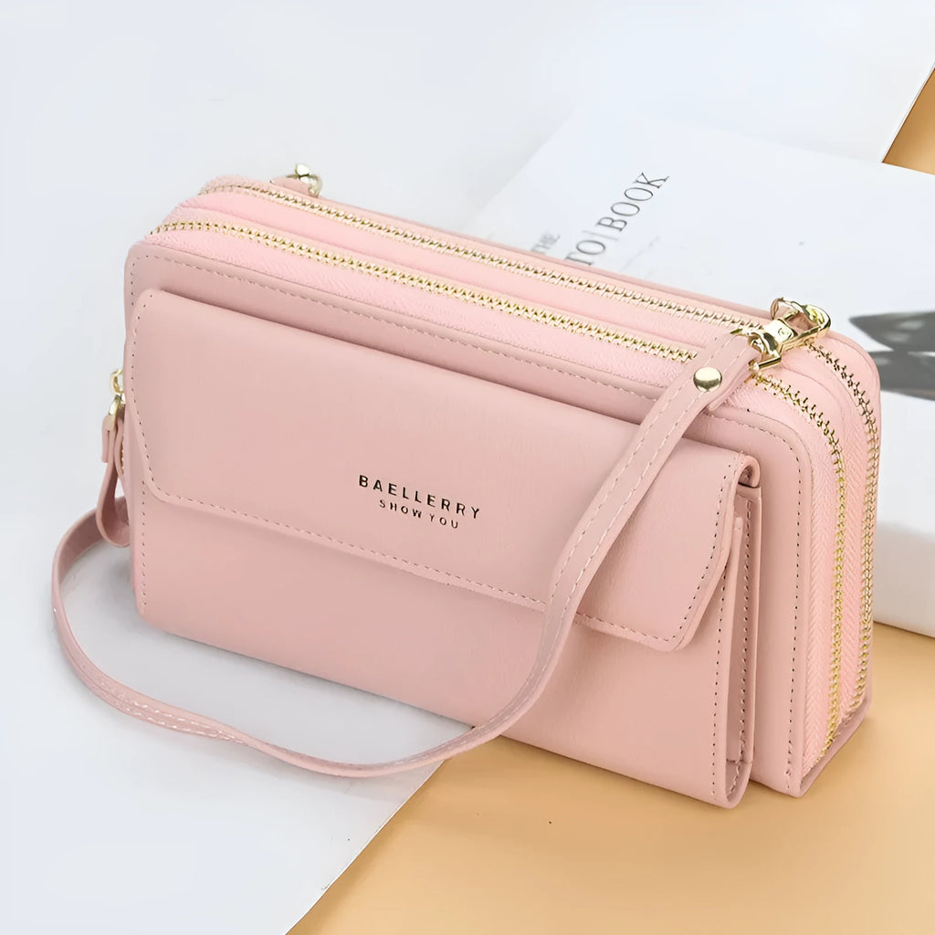 Red soft PU leather women's cross-body messenger bag with double zipper, shown as a large capacity long wallet.