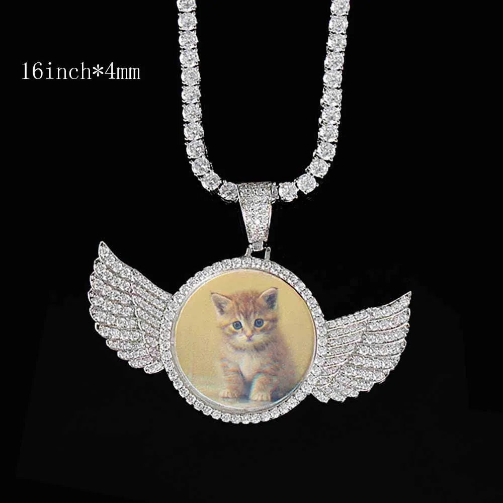 Custom photo angel wings pendant necklace, copper and zircon medallion 68mm x 53mm x 3mm with twist or tennis chain