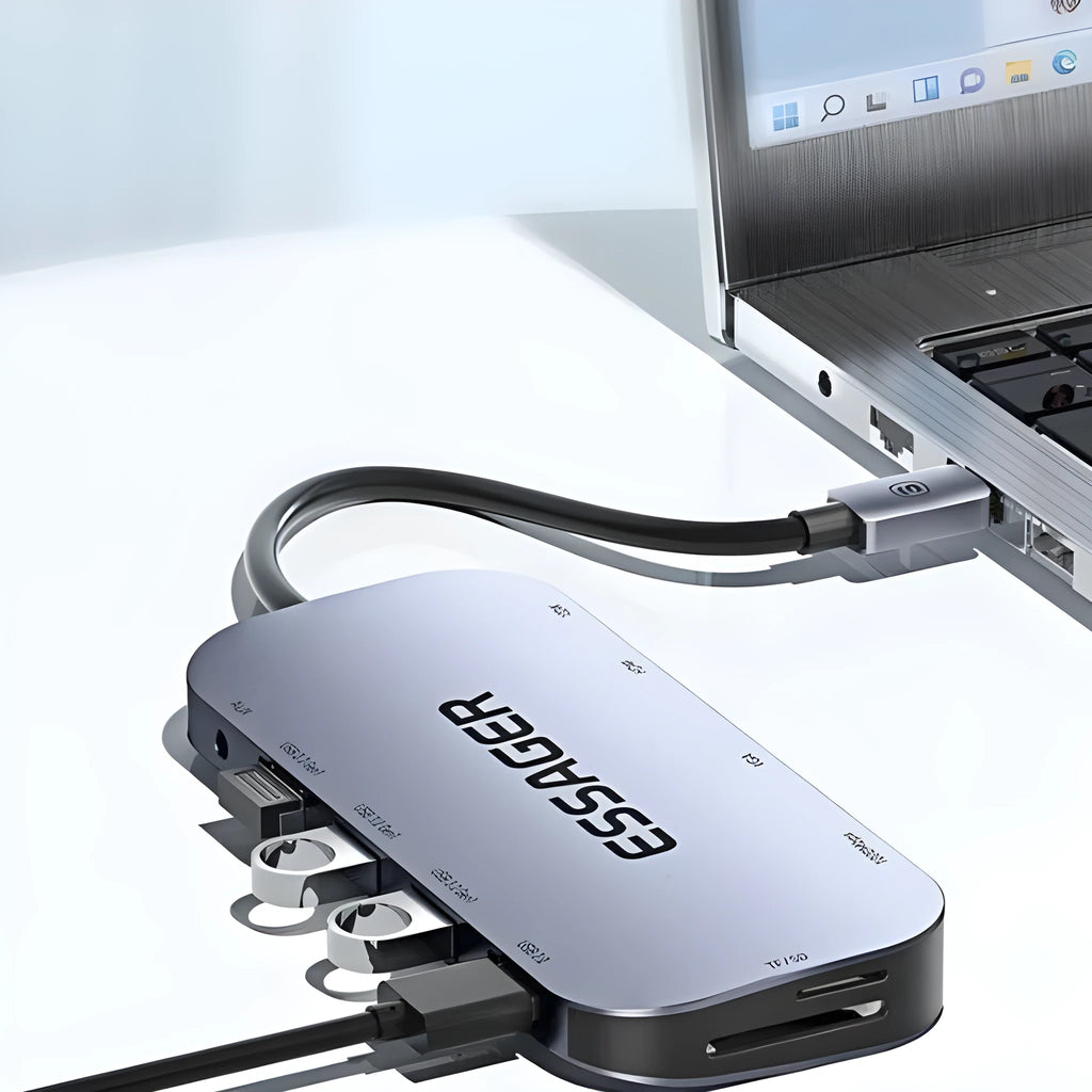 11-in-1 USB-C expansion dock with Gigabit Ethernet port, HDMI, USB ports, and card readers