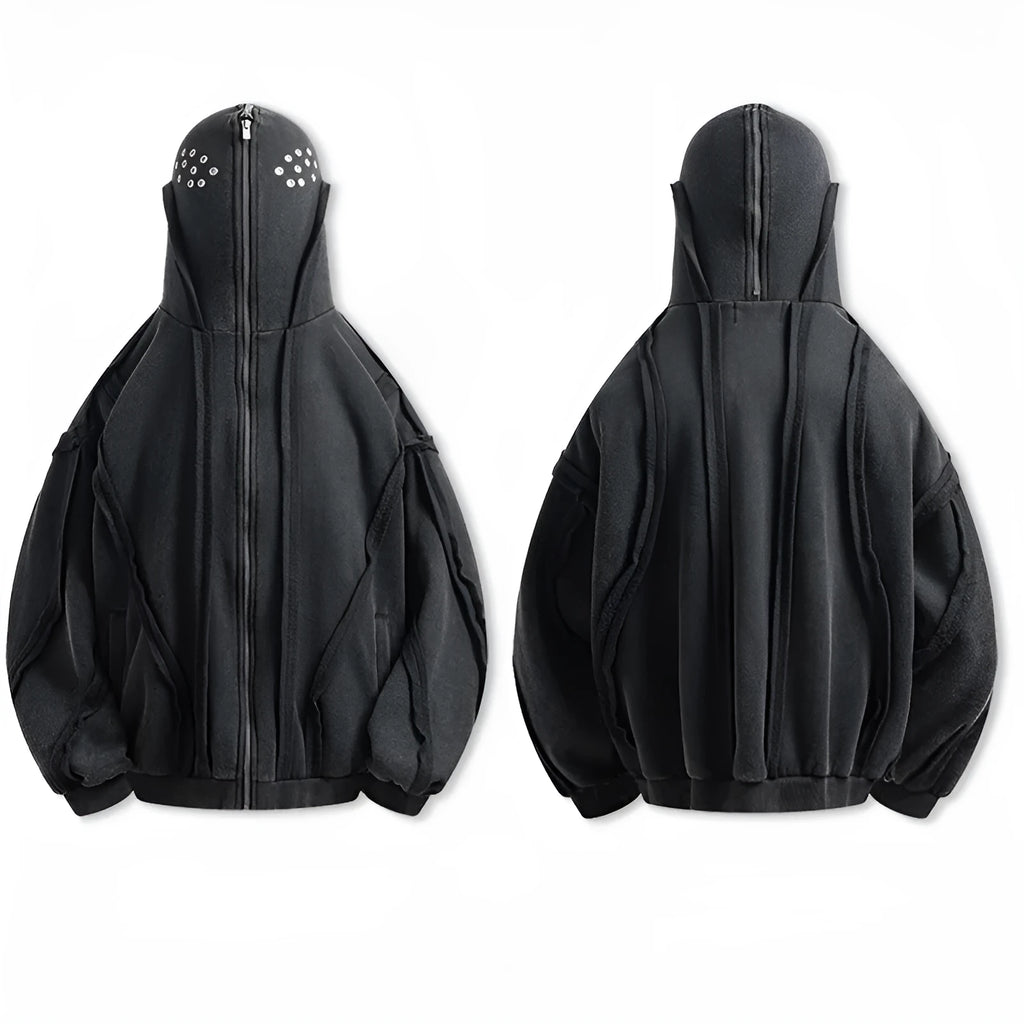Black retro loose-fit cotton coat with a zip-up front and integrated hood.