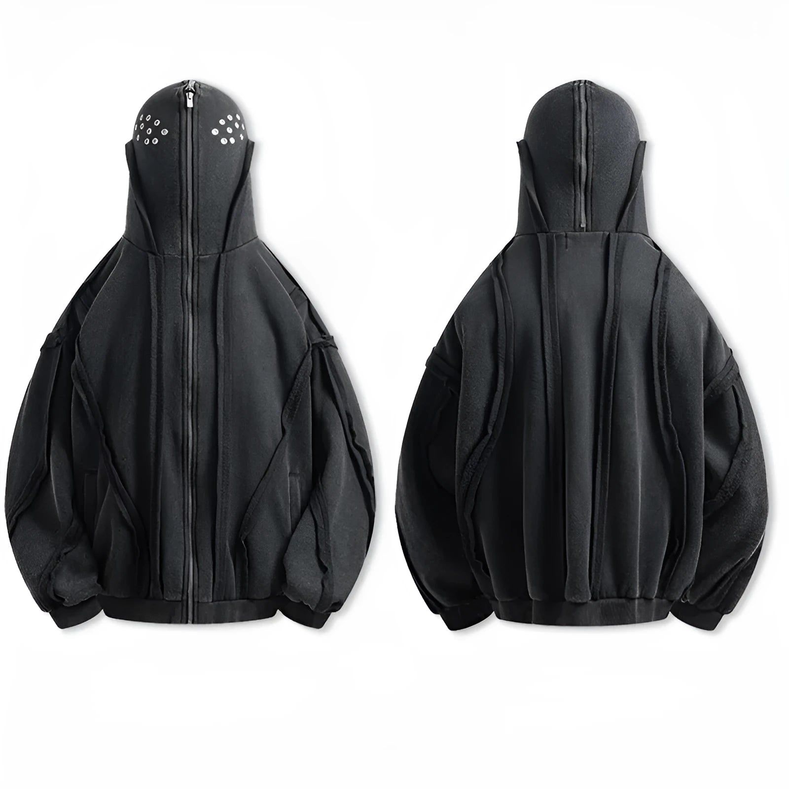 Black retro loose-fit cotton coat with a zip-up front and integrated hood.