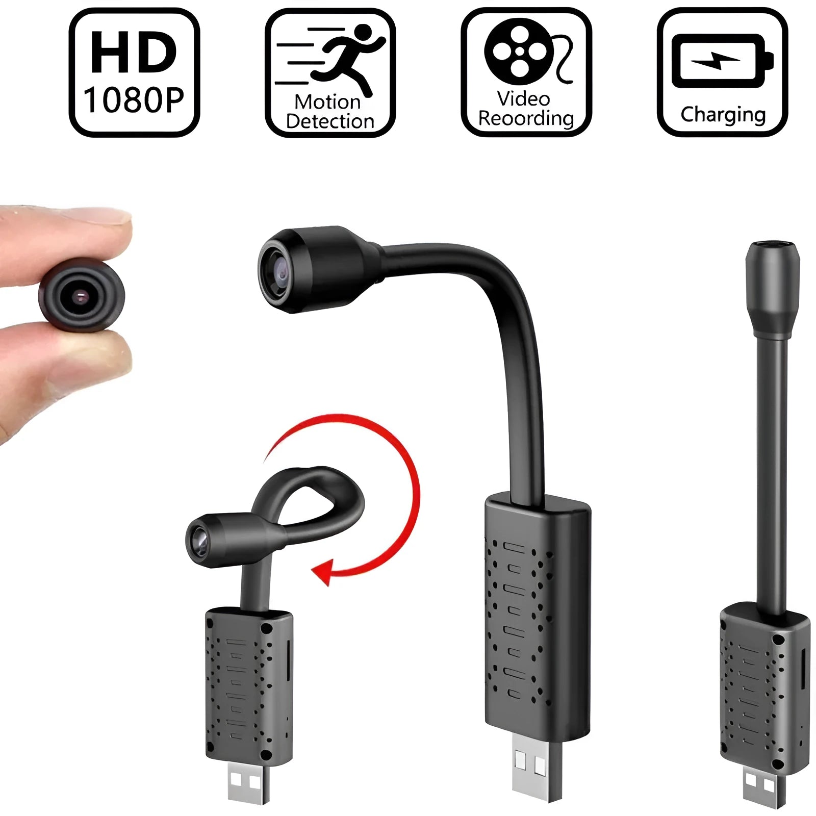 Black V380 wireless USB camera showing compact design and USB connection port.