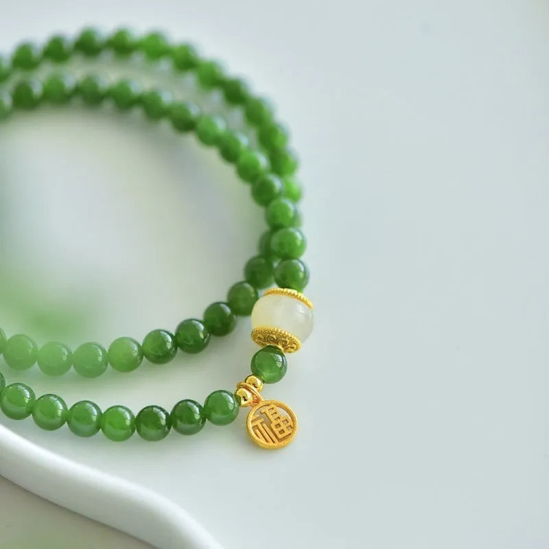 Natural Hetian jade double circle bracelet with fu character engraving