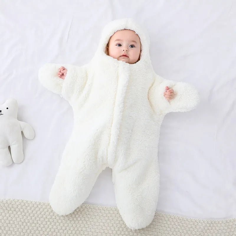 Baby sleeping bag with hood in cashmere and cotton, showing zipper and cuffs.