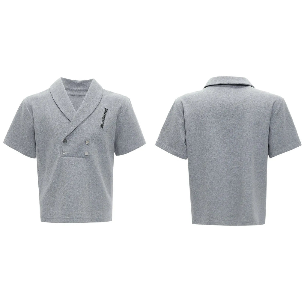 Men's dark grey V-neck short sleeve cotton sports jacket with padded shoulders and metal details, paired with matching shorts.