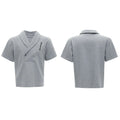 Men's dark grey V-neck short sleeve cotton sports jacket with padded shoulders and metal details, paired with matching shorts.