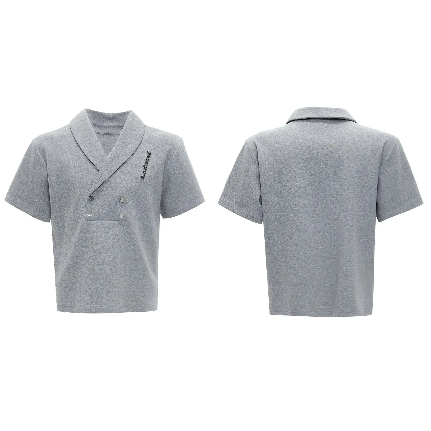 Men's dark grey V-neck short sleeve cotton sports jacket with padded shoulders and metal details, paired with matching shorts.