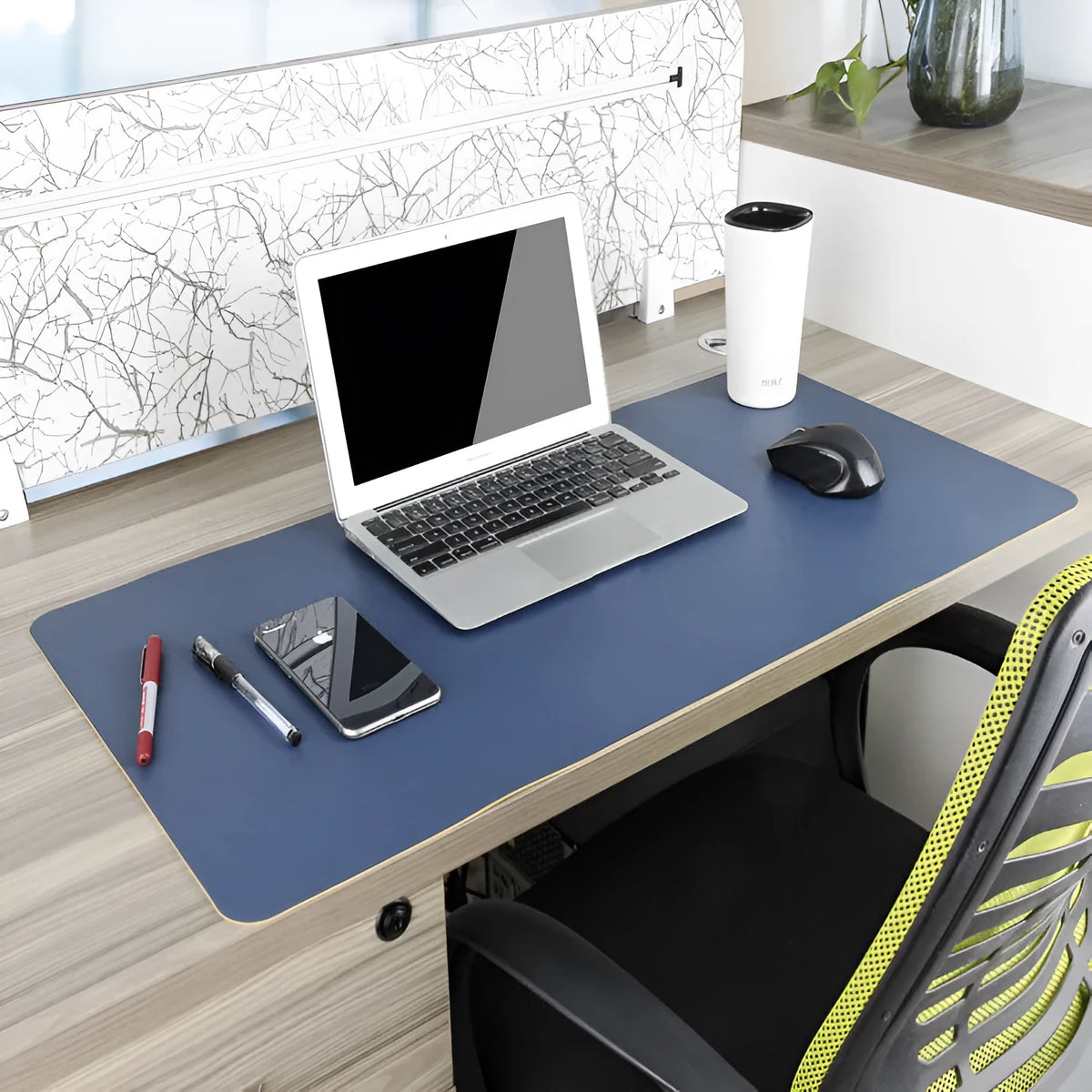 Oversized double-sided mouse table mat in sapphire blue with yellow, 120x60cm PU material