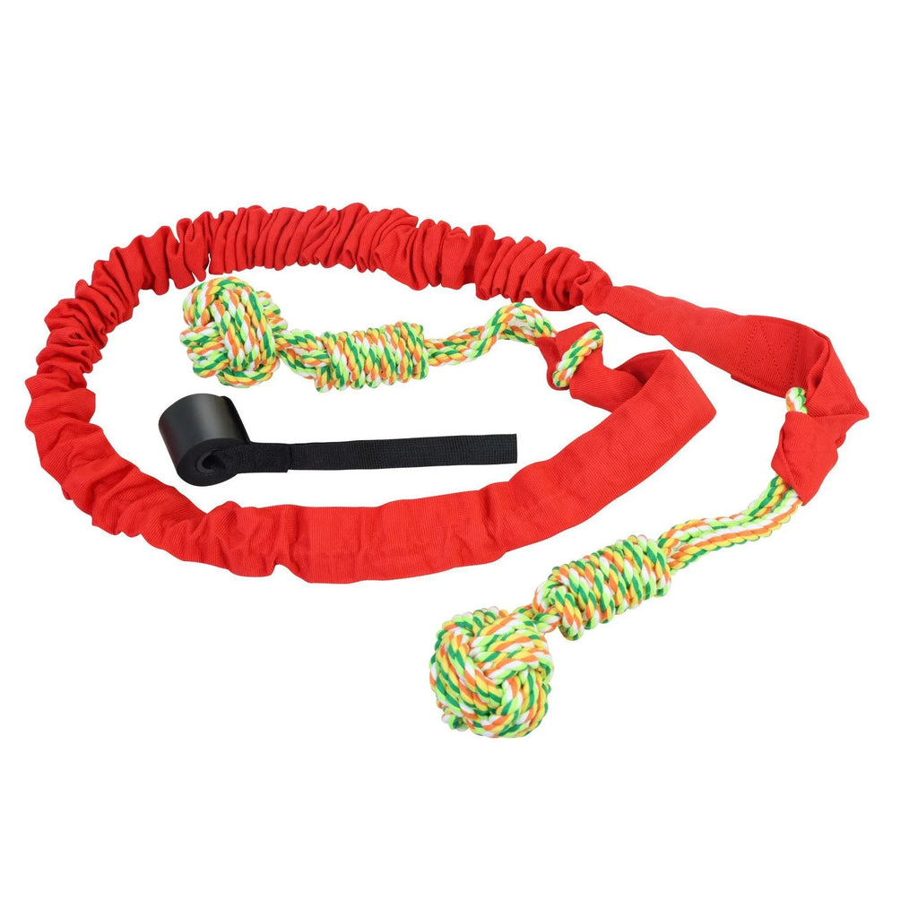 A woven cotton rope dog toy for tug of war and chewing, shown in red.