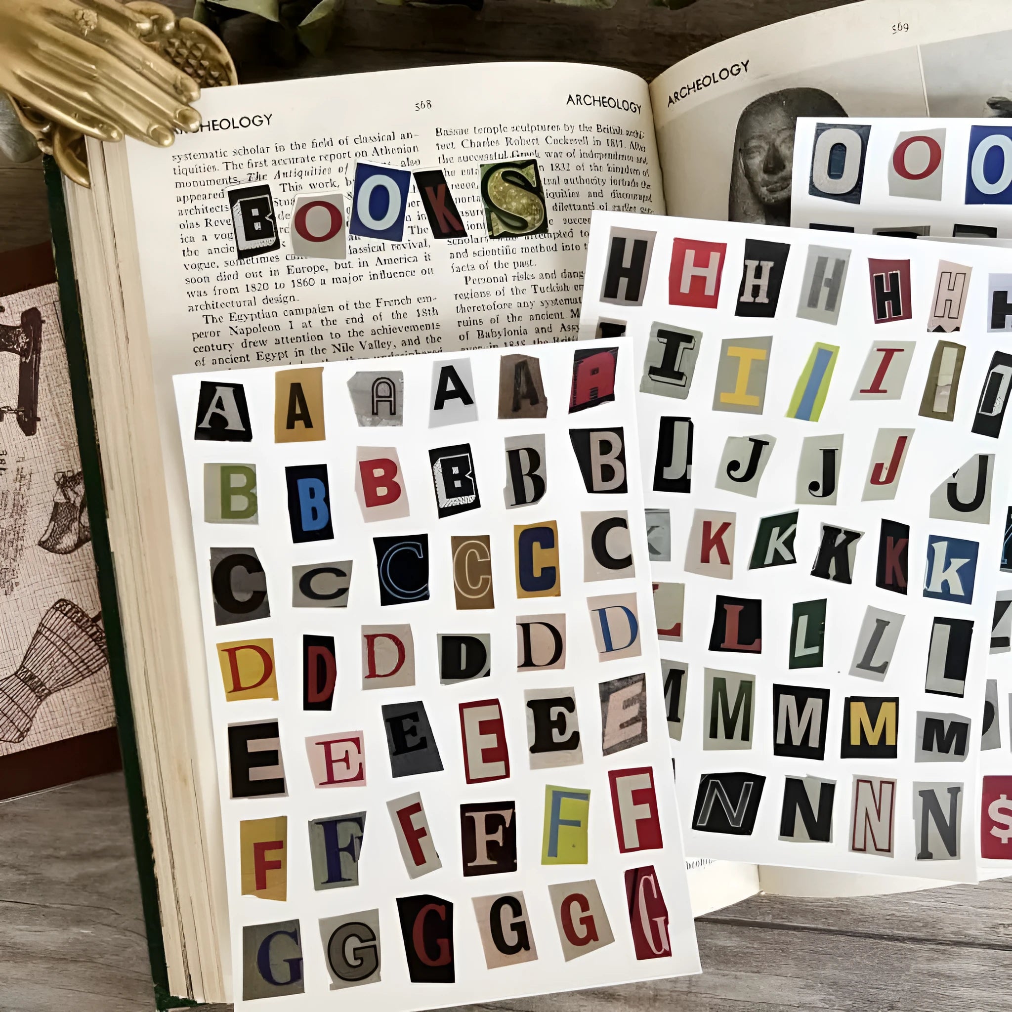 English letters and numbers symbol label sticker sheet with alphabet sets and week words in cute printed design