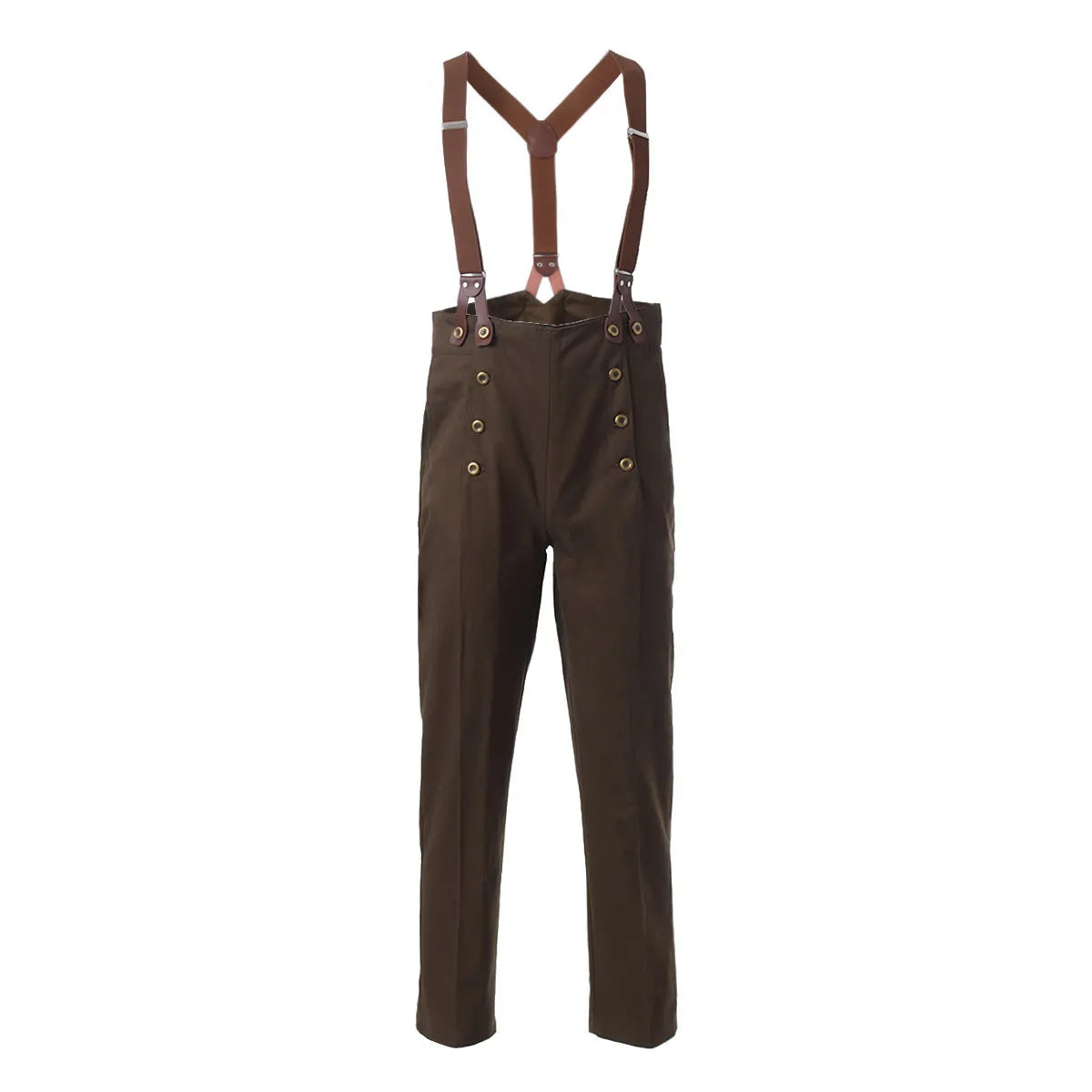 Men's retro high waist double breasted casual straight pants in black with braces