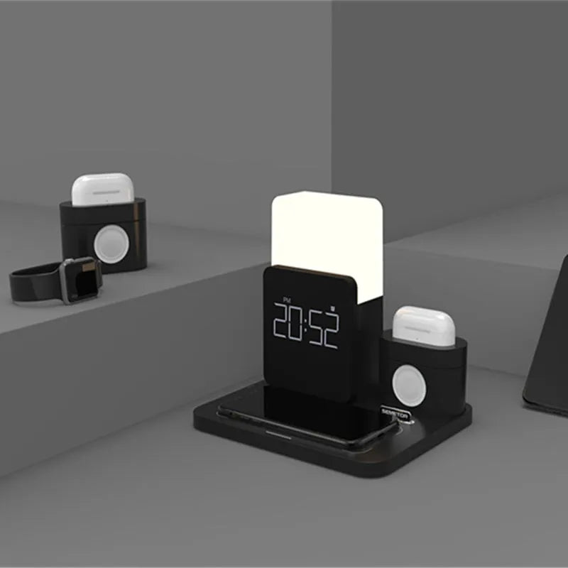 Dark green foldable Qi wireless charger stand with LED clock display charging a smartphone