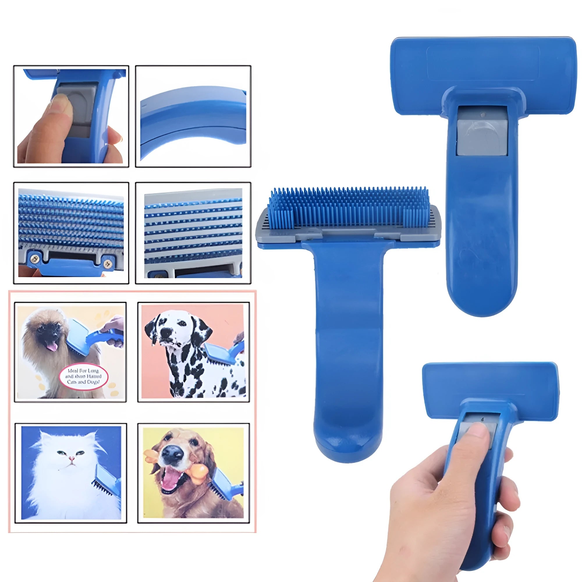 Self-cleaning pet brush comb for dogs and cats measuring 16 x 10cm with comfortable handle