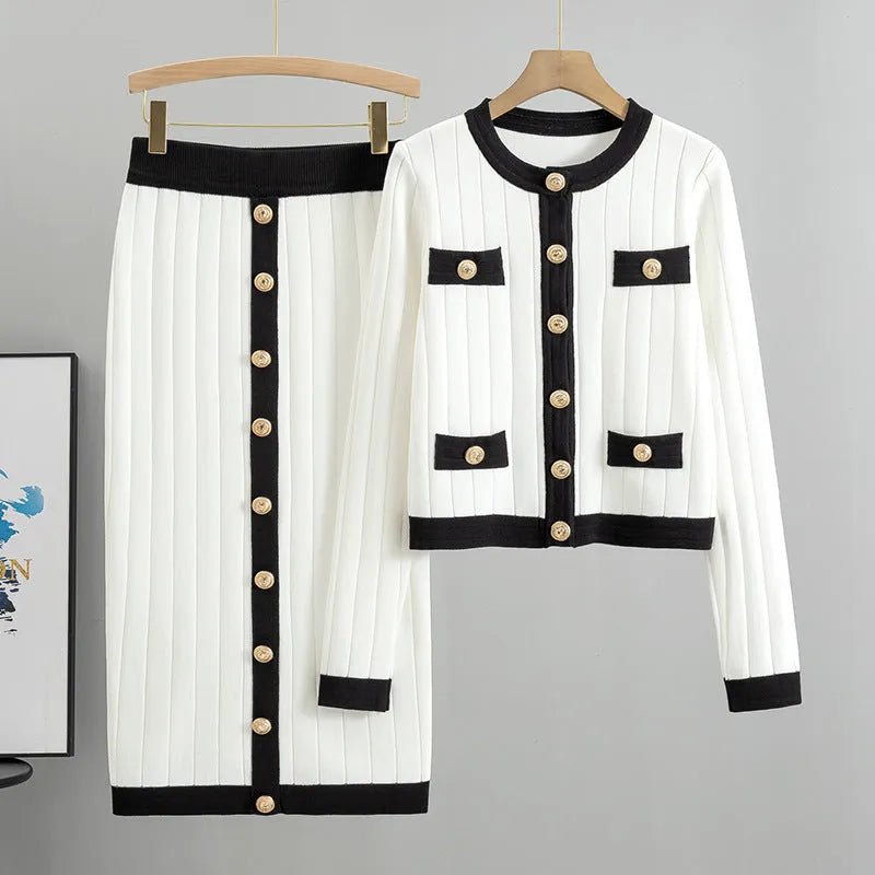 Women's viscose fibre knitted cardigan and skirt two-piece set in black with contrast colour pattern
