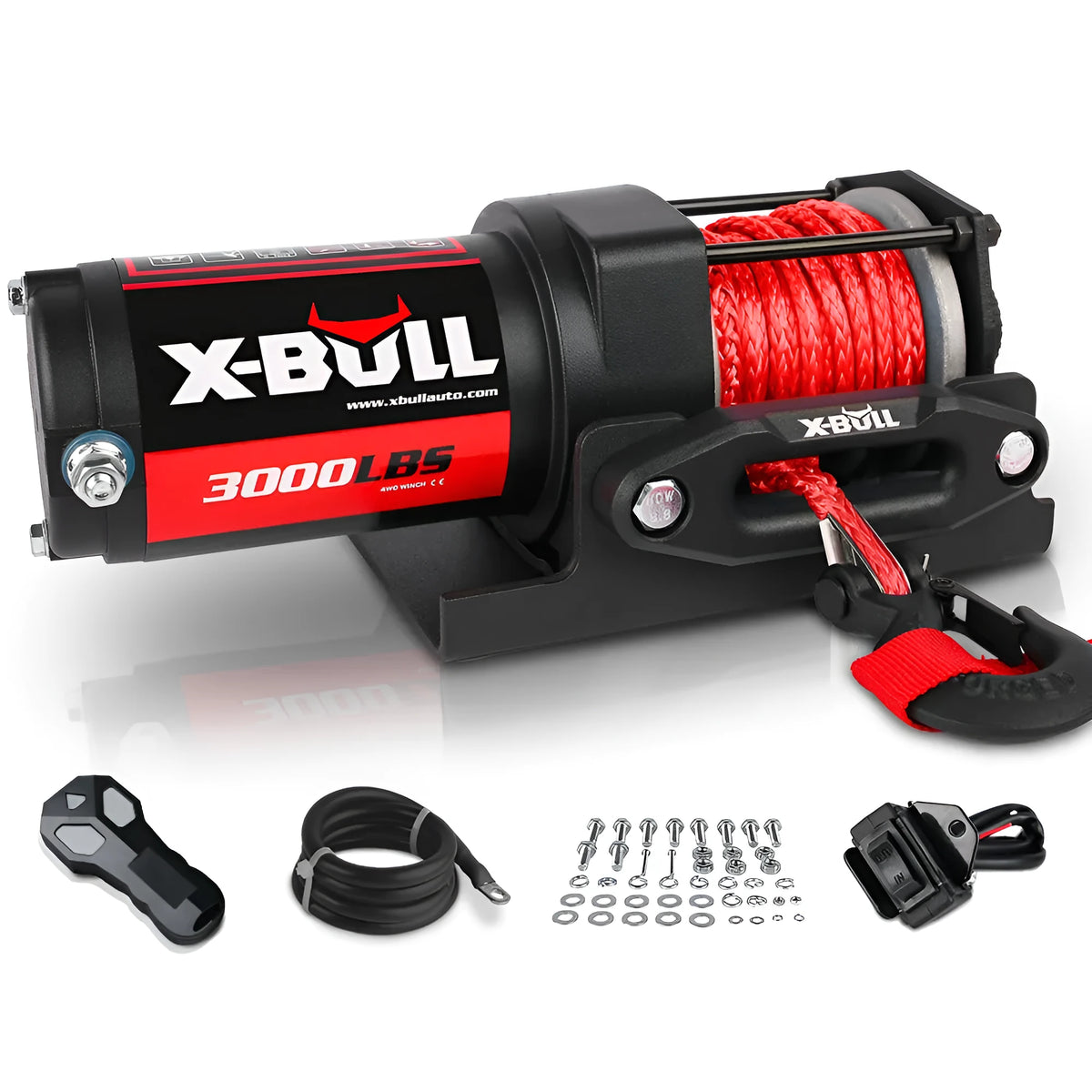 Black electric winch with nylon rope for off road vehicle self rescue use