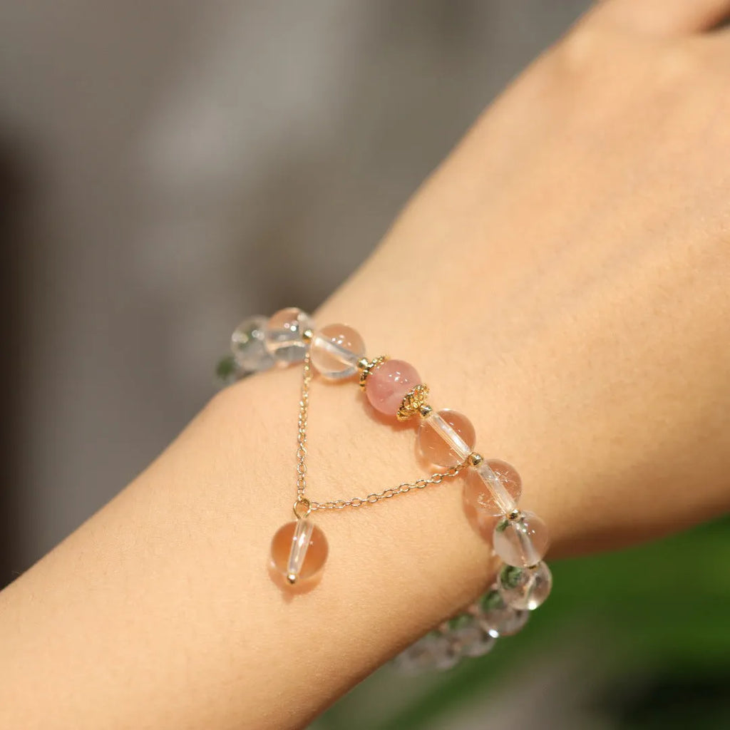 White crystal geometric bracelet with cat eye obsidian and Chinese auspicious patterns