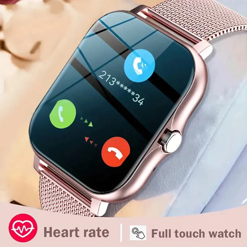 Smart watch with 144-inch touchscreen display showing health metrics and call functions