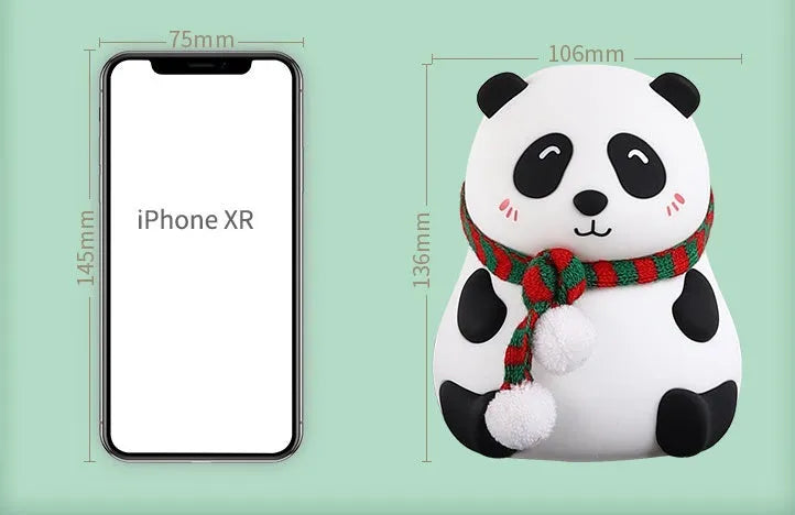 Panda-shaped silicone and ABS night light with soft glow, shown with USB charging cable.