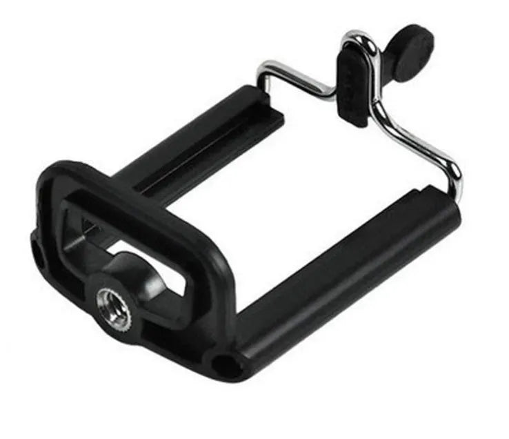 Compact mini desktop tripod with extendable aluminium legs and a black U-shaped phone clip attached.