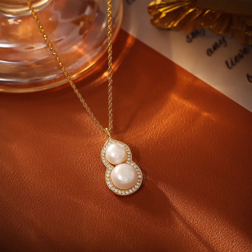 Copper stud earrings with freshwater pearl gourd leaf pendant in rose gold gold silver