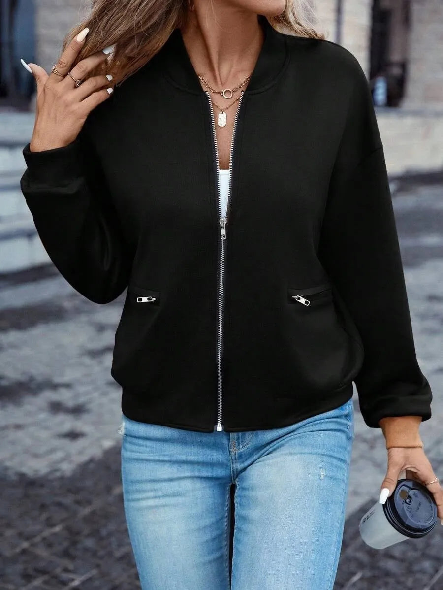 Black women's polyester casual jacket with long sleeves and zip closure