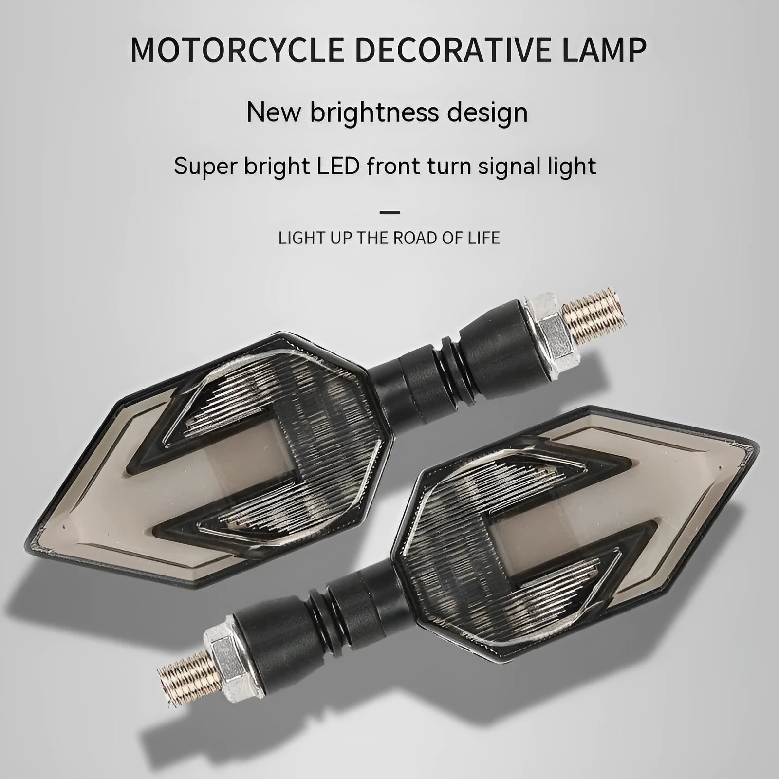 Arrow-shaped LED motorcycle turn signal light with ABS plastic housing for 12V systems.