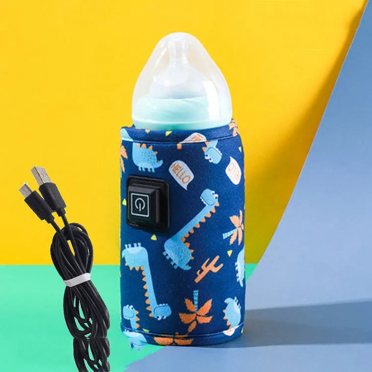 USB baby bottle warmer and cooler bag in blue dinosaur design with composite velvet construction