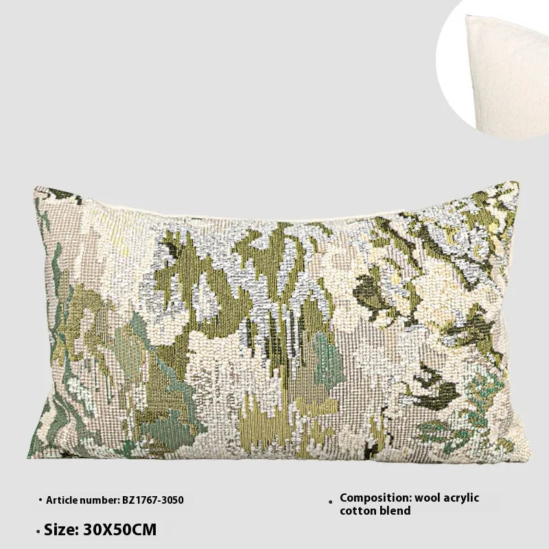 Antique green wool blended pillowcase with abstract spring flowers pattern, shown in square and bolster sizes.