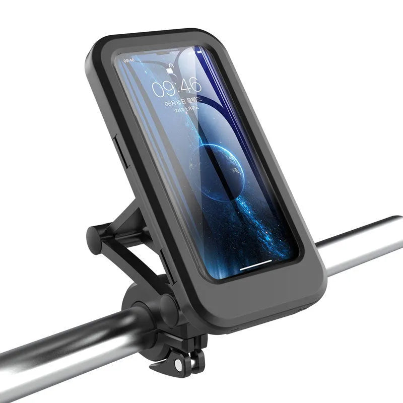 Black waterproof bicycle phone holder mount with magnetic suction on a handlebar, showing adjustable joints.