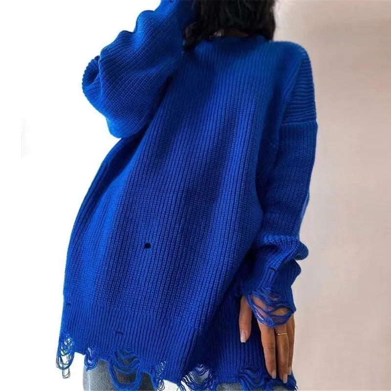 Loose hole knitted pullover sweater for women in solid colour Rose Red