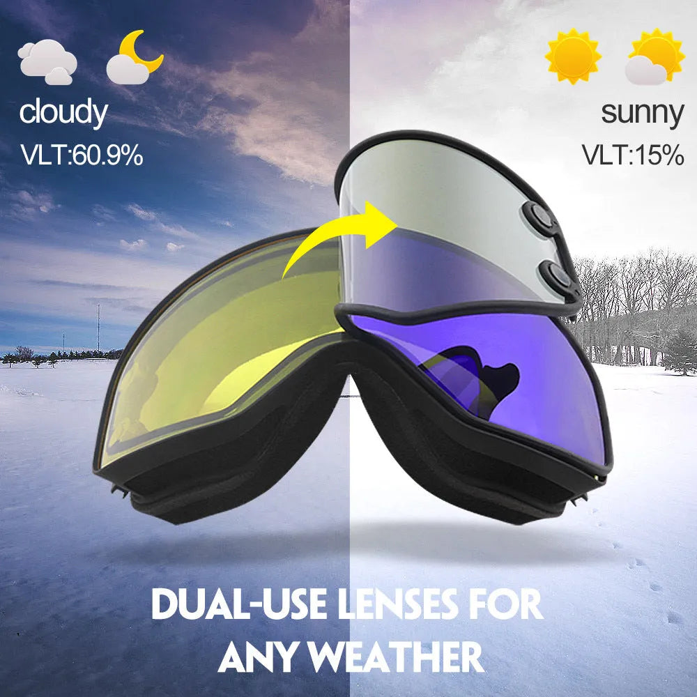 Magnet myopia ski goggles with double-layer PC+TPU construction, anti-fog, and night vision, in blue frame