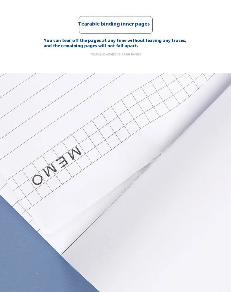 A4 tearable notebook with perforated pages and wireless adhesive binding for meeting notes