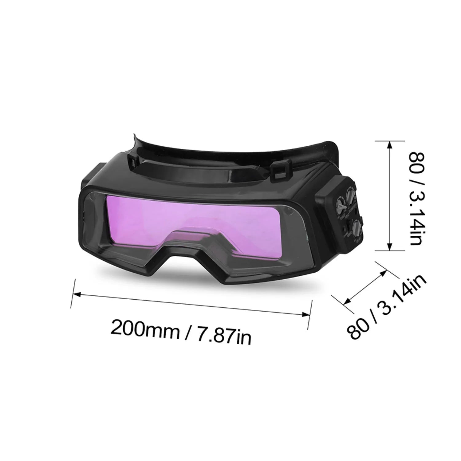 Black automatic darkening welding mask showing the large rectangular viewing lens and head strap.