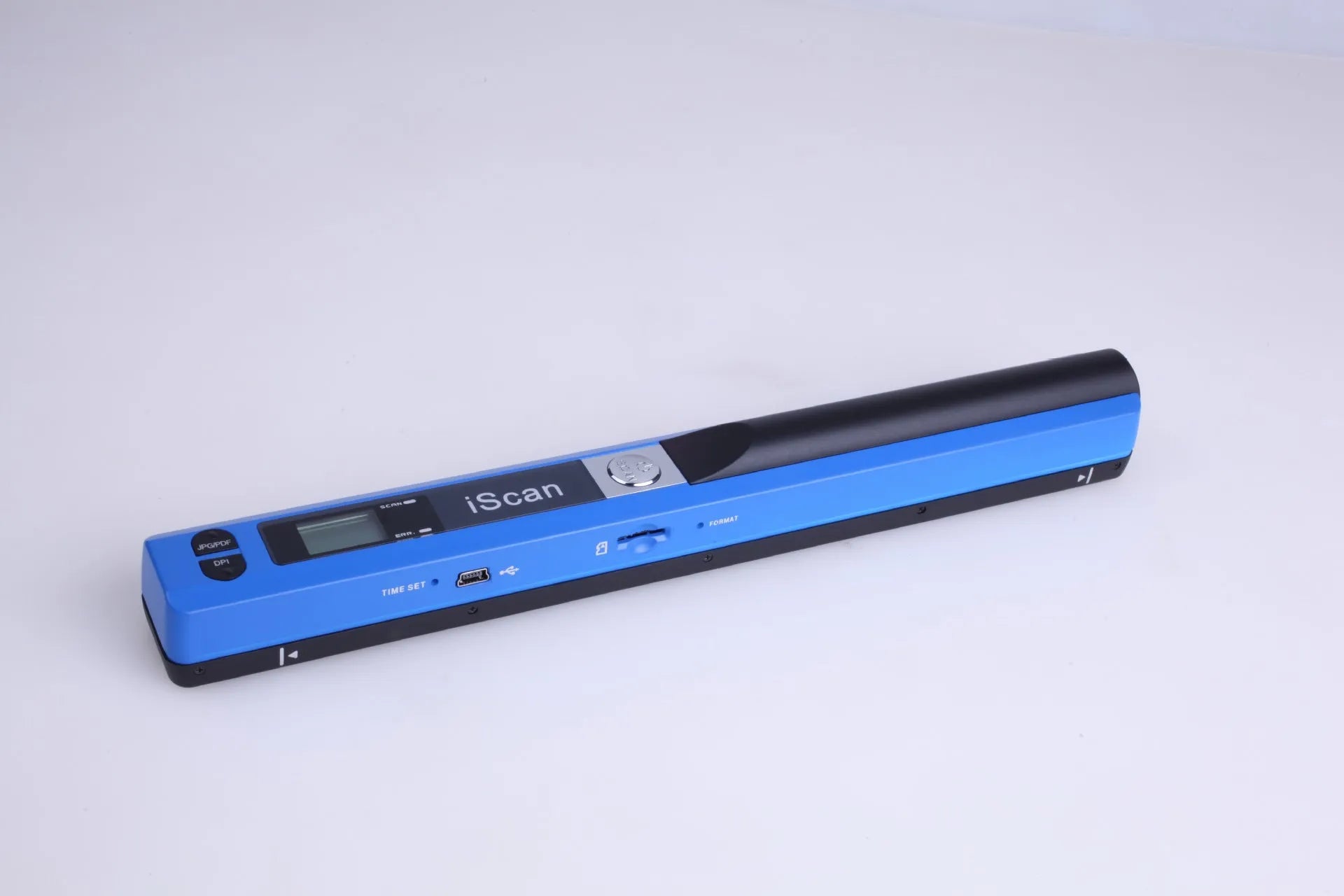 Handheld plastic scanner shown in black, blue, green, red, and silver colour options on a white background.