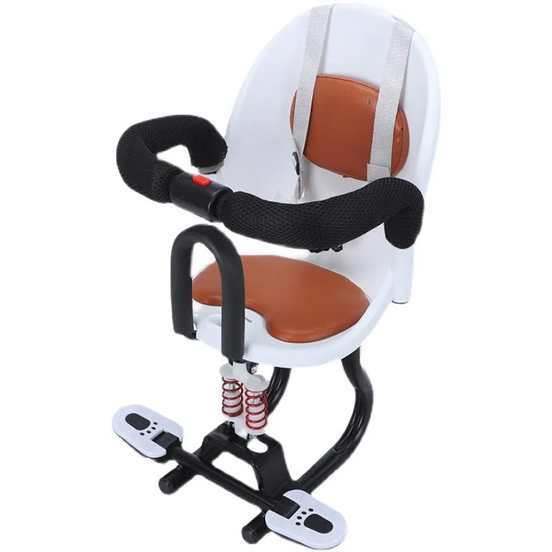 Black front-mounted child safety seat for a battery scooter with a high carbon steel frame.