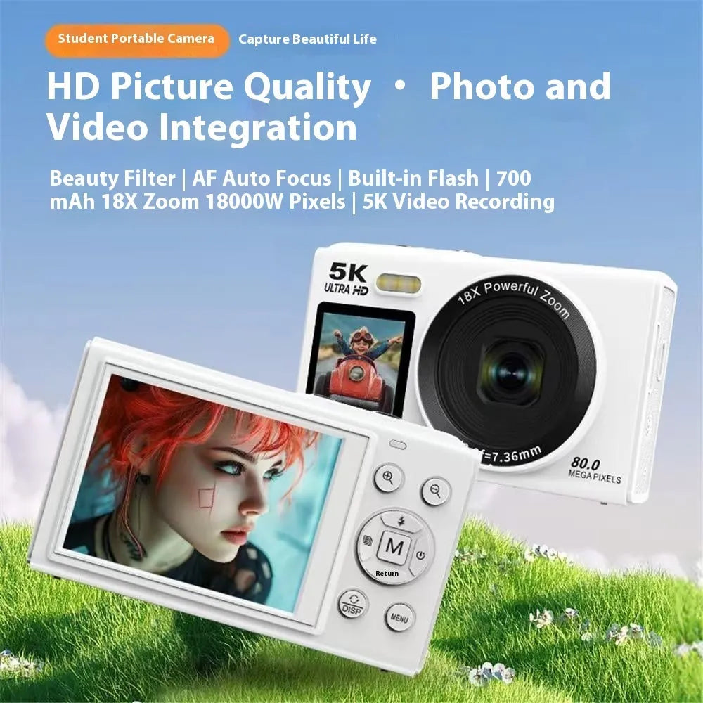HD dual-screen selfie video digital camera in pink with ABS PC body and Full HD screen