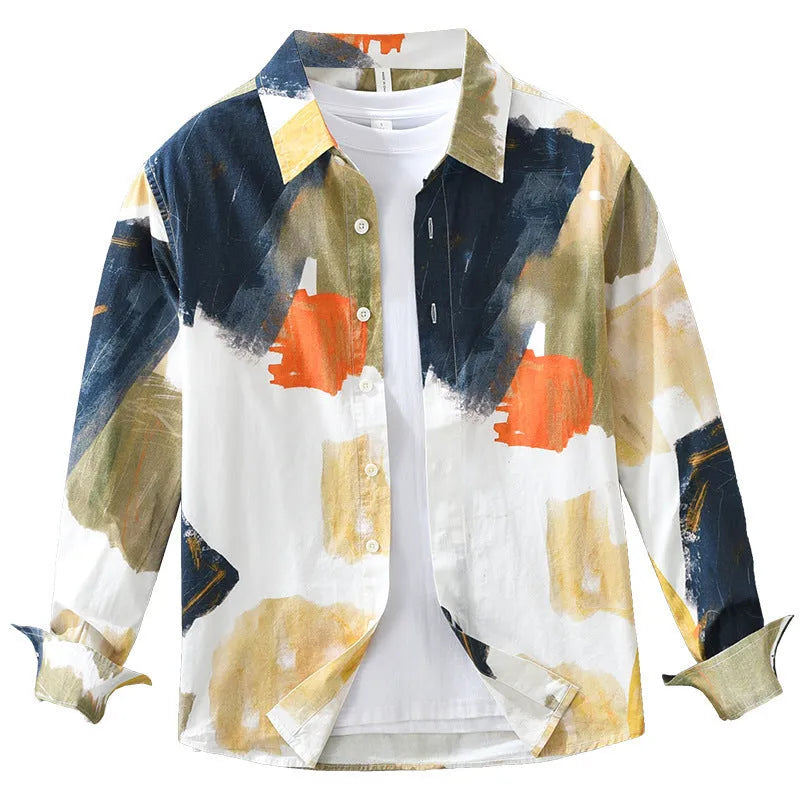 Women's loose cardigan top in printed cotton fabric with long sleeves and artistic colour pattern