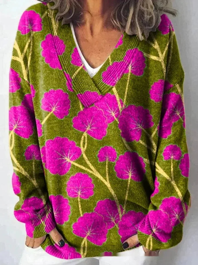 Women's v-neck long sleeve sweatshirt with a raised 3D floral pattern print in multiple colour options