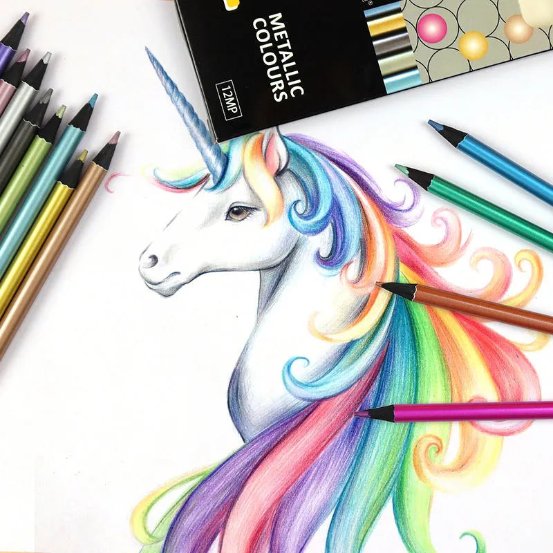 12-color metallic colored pencils in wooden shell with 2B lead core, assorted shades