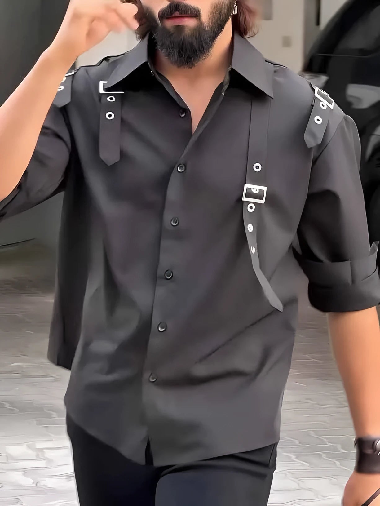 Men's black regular fit button-up shirt made from polyester, shown on a hanger.