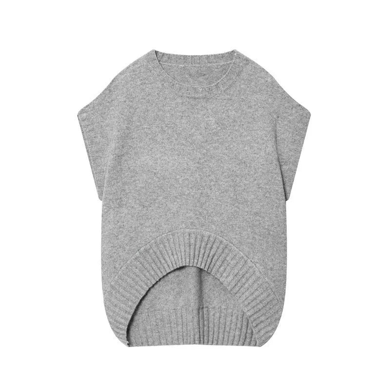 Grey knitted oversized vest sweater with contrast colour stripes for women, pullover style