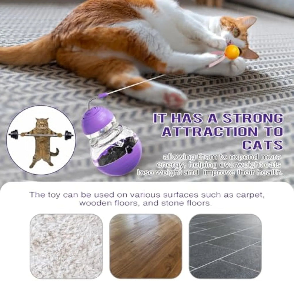 Interactive cat wand toy with food dispenser in yellow colour featuring rugby barbell ball and green tyres design