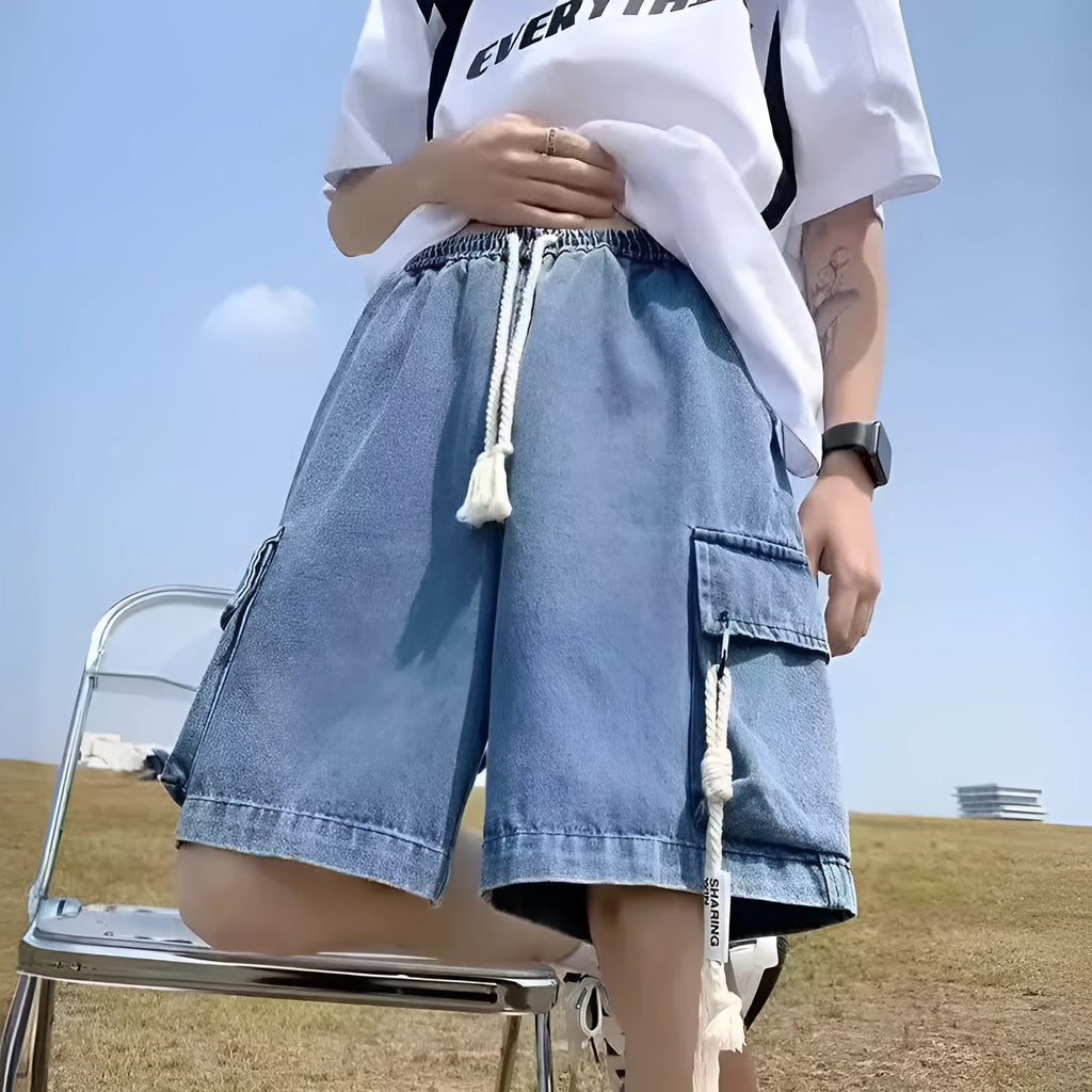Men's loose fit denim shorts in dark blue, light blue and brown, thin non-stretch summer style
