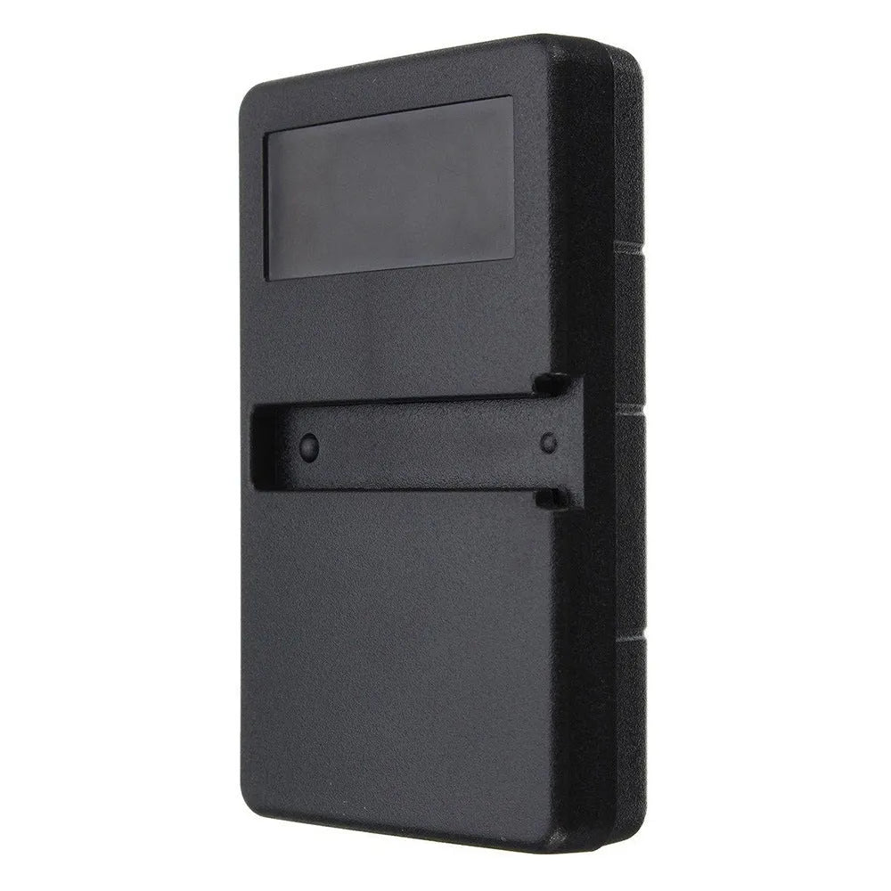 Black three-button LiftMaster garage door remote control with rolling code.