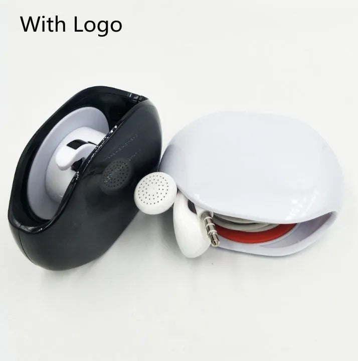 Automatic earphone cable retractor winder in multiple colours on a white background.