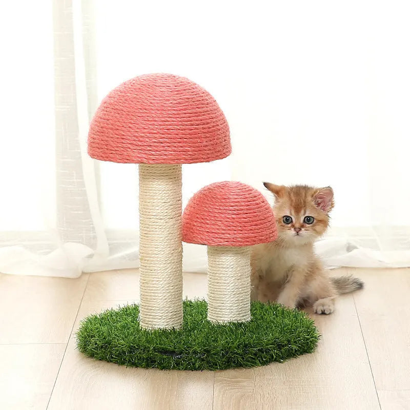 Natural linen mushroom cat scratch post in coffee colour with cotton rope and dangling ball
