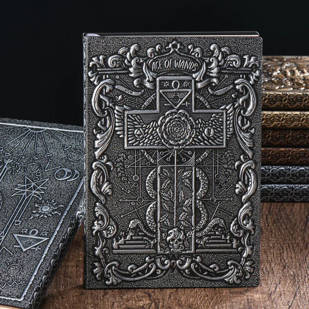 Tarot card retro embossed PU notebook in red bronze colour, A5 size with writing paper, closed view