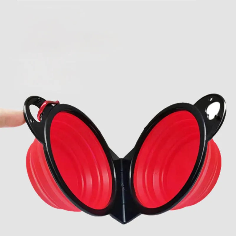 Blue folding silicone double pet bowl with non-slip base, shown open and collapsed flat.