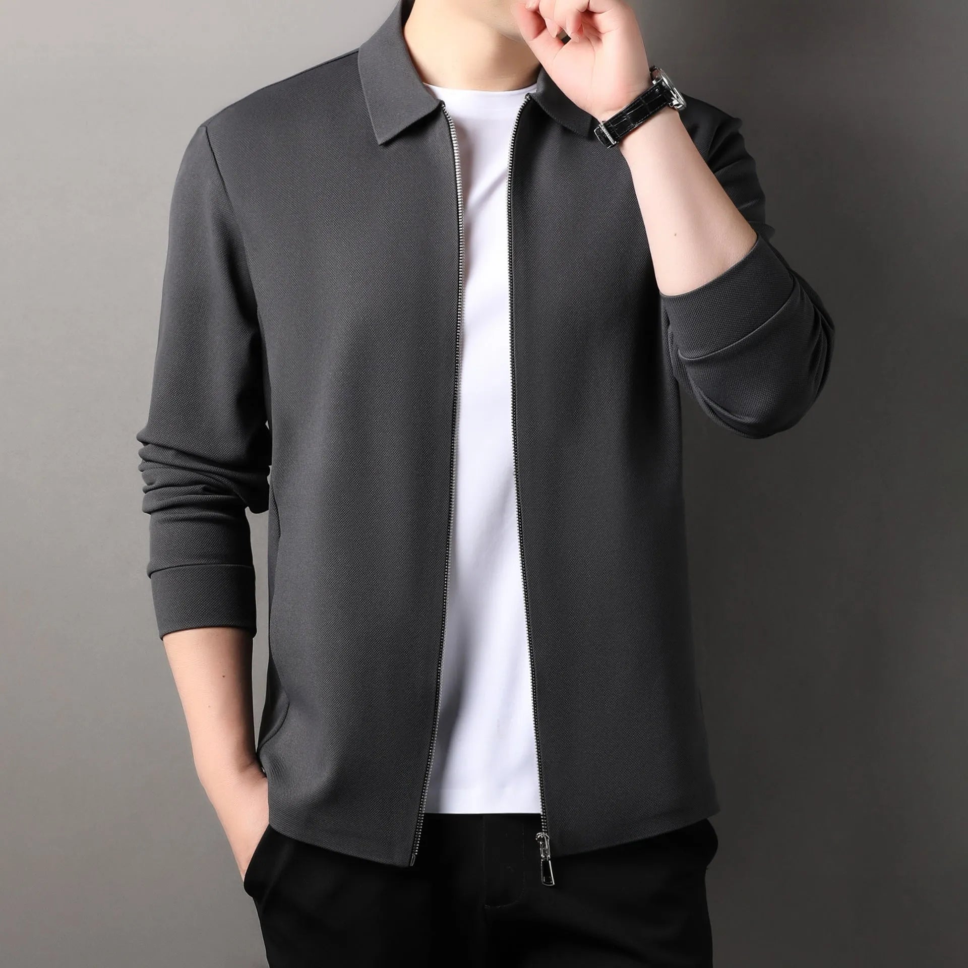 Men's apricot polyester casual business jacket with straight hem and long sleeves